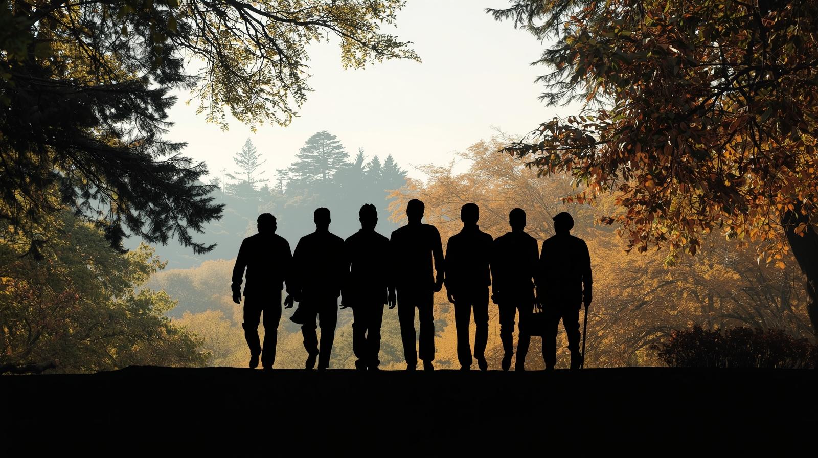 Men standing together on a tree-lined path; existing program illustration
